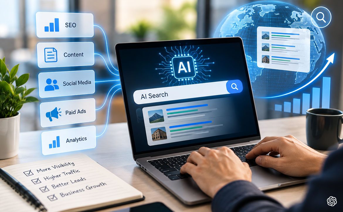 AI search engine optimisation guide for improving website visibility, content, structured data, technical SEO and citations across Google AI Overviews, ChatGPT and Microsoft Copilot.