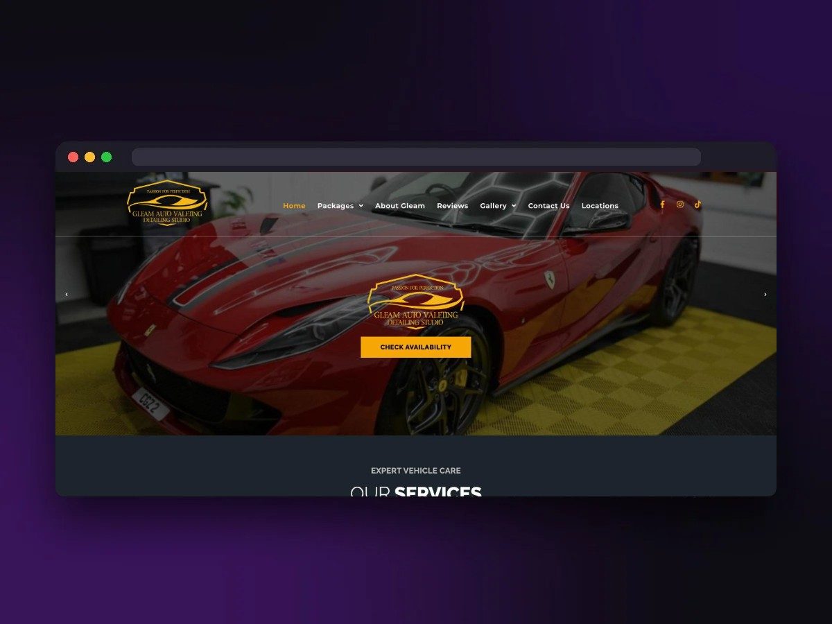 Gleam Auto Valeting website screenshot by Juggernaut Technologies